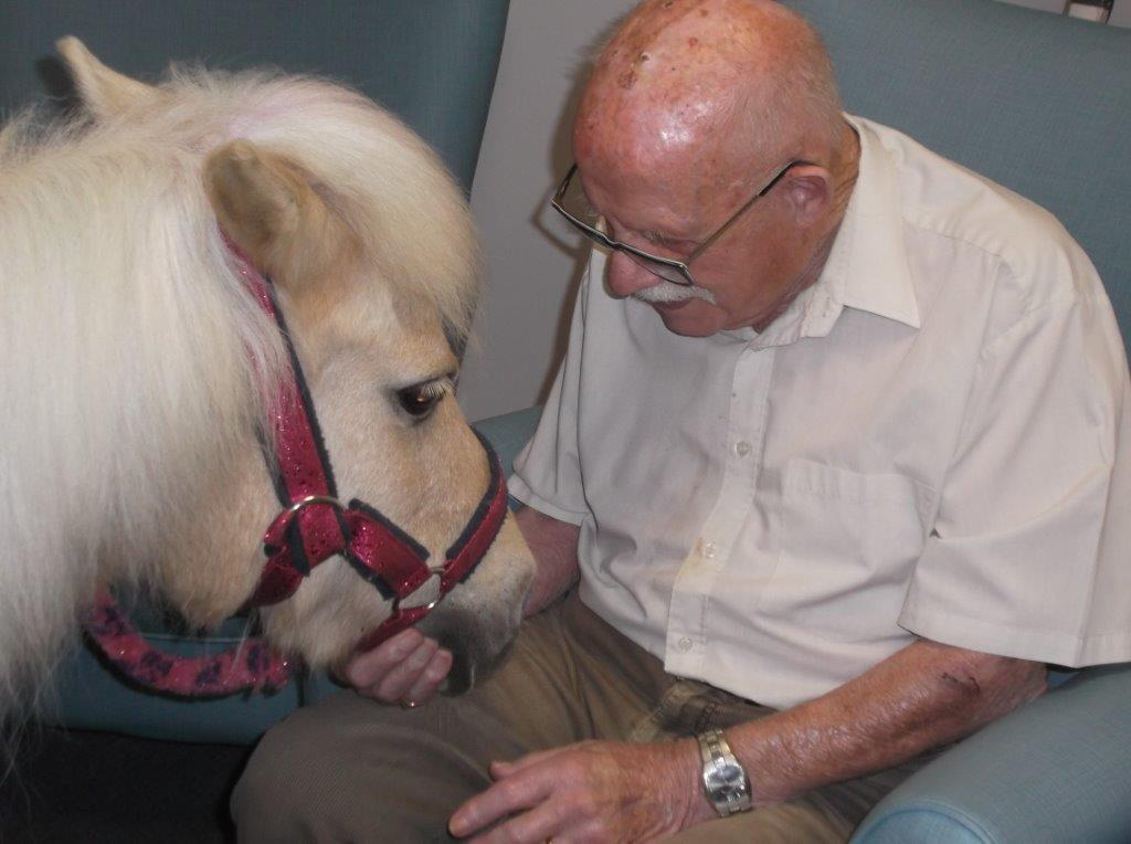 A resident meeting Pinky the pony