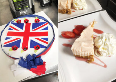St Winifreds Care Home VE Day cake and homemade cheesecake