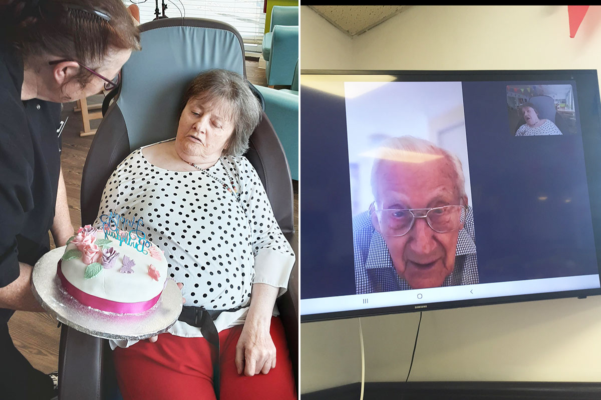 St Winifreds Care Home resident with her birthday cake and Skype calling her dad