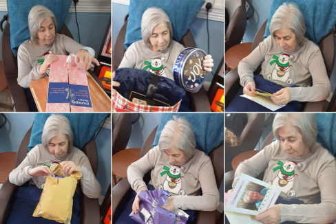 St Winifreds Care Home resident with her birthday cards and gifts
