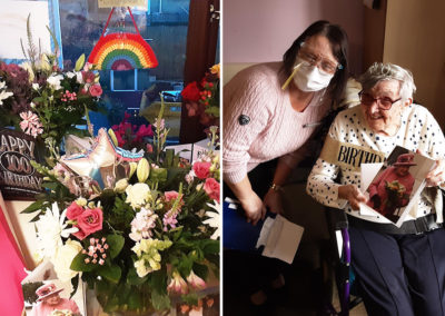 Marjorie celebrating turning 100 at St Winifreds Care Home with lots of flowers