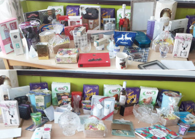 Tables of raffle prizes at St Winifreds Care Home