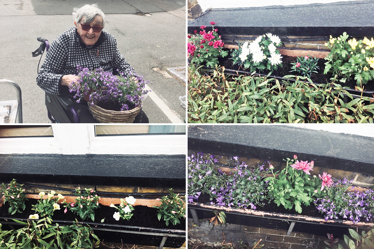 Resident enjoying planting plants out the front of St Winifreds Care Home