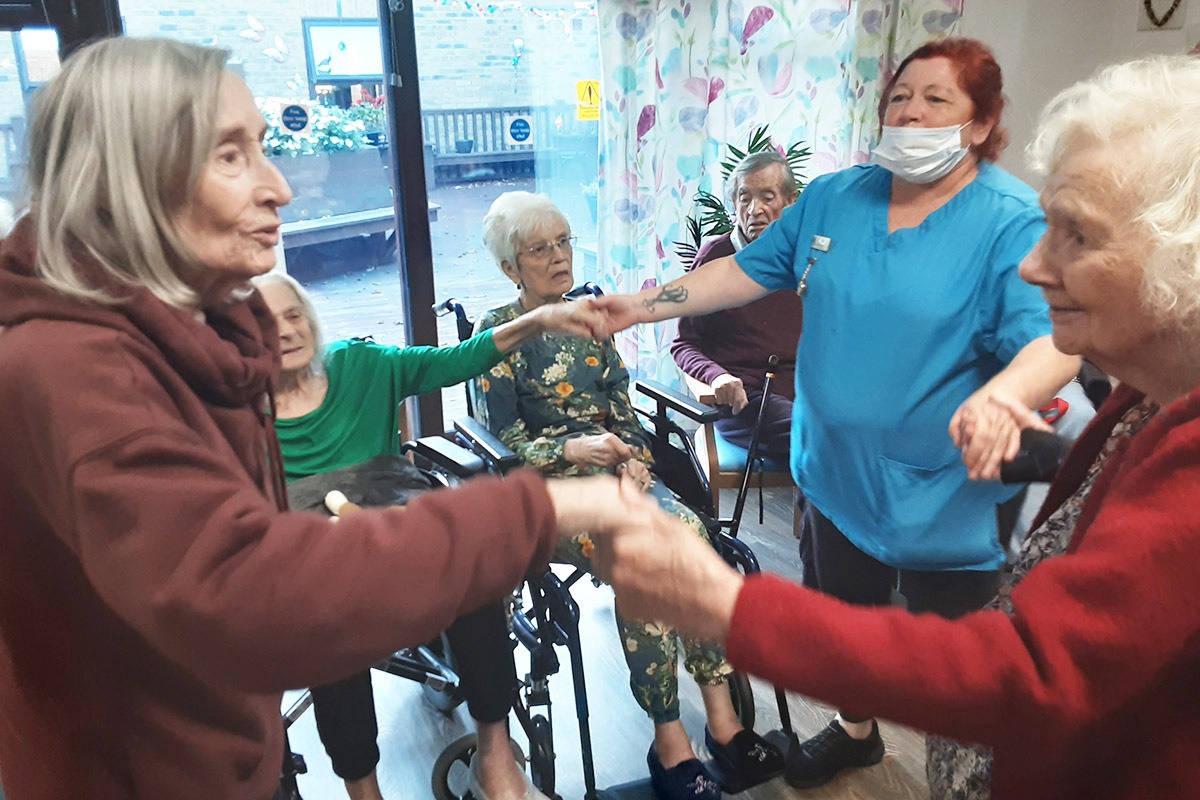 Residents and staff dancing to Java Jive at St Winifreds Care Home