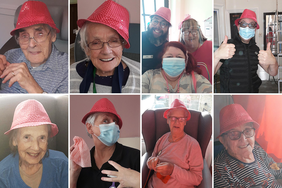 Wearing pink hats to highlight Breast Cancer Awareness at St Winifreds Care Home