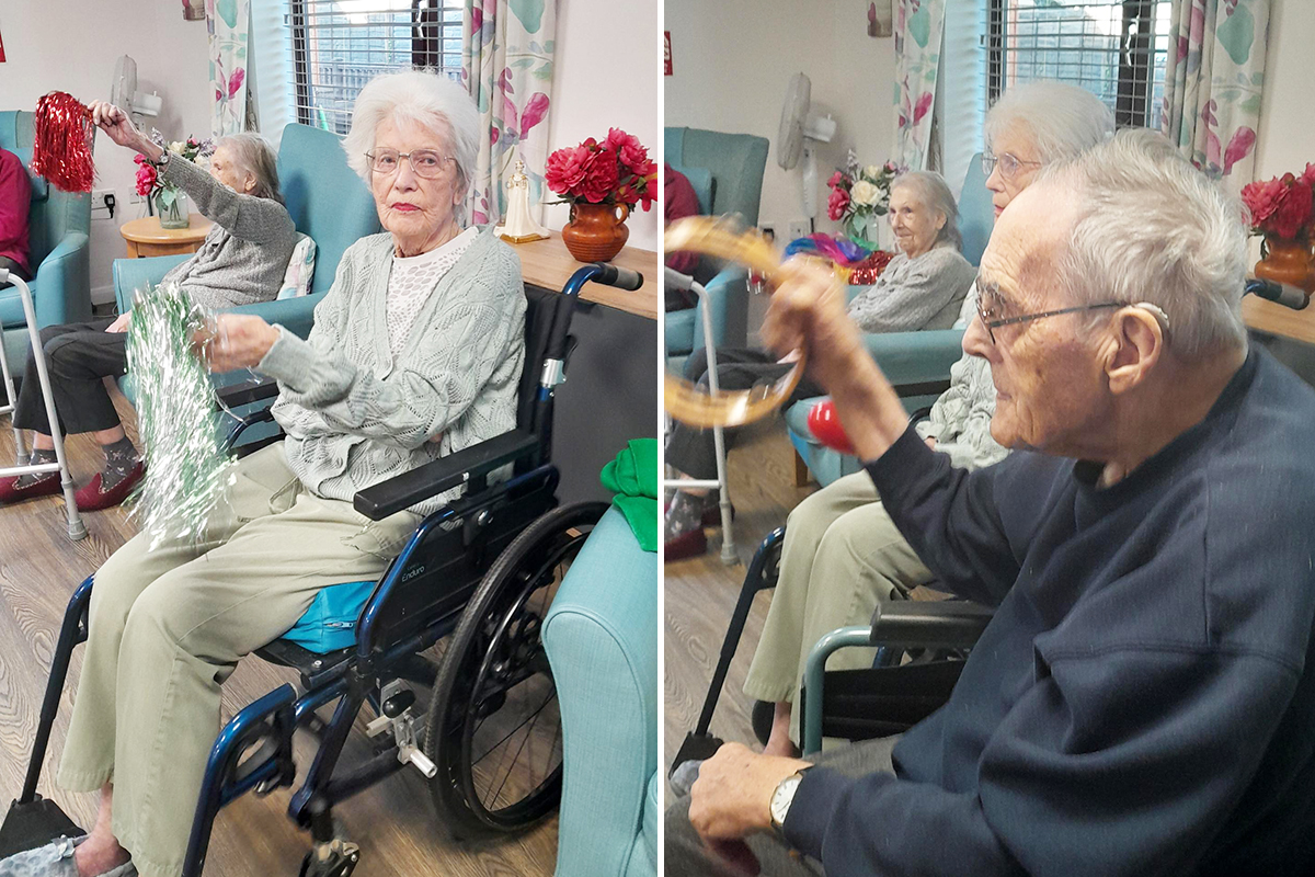 St Winifreds Care Home residents enjoying musical instruments and pom-poms