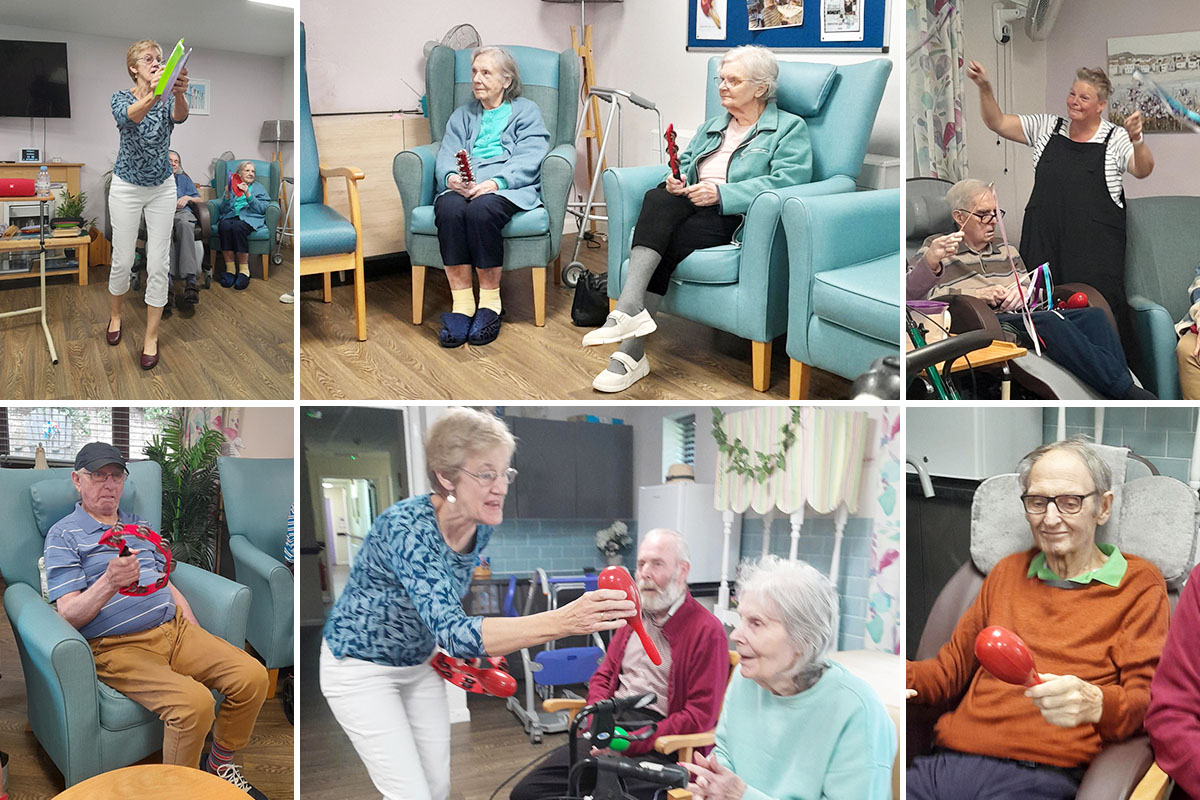 St Winifreds Care Home residents with musical instruments and props