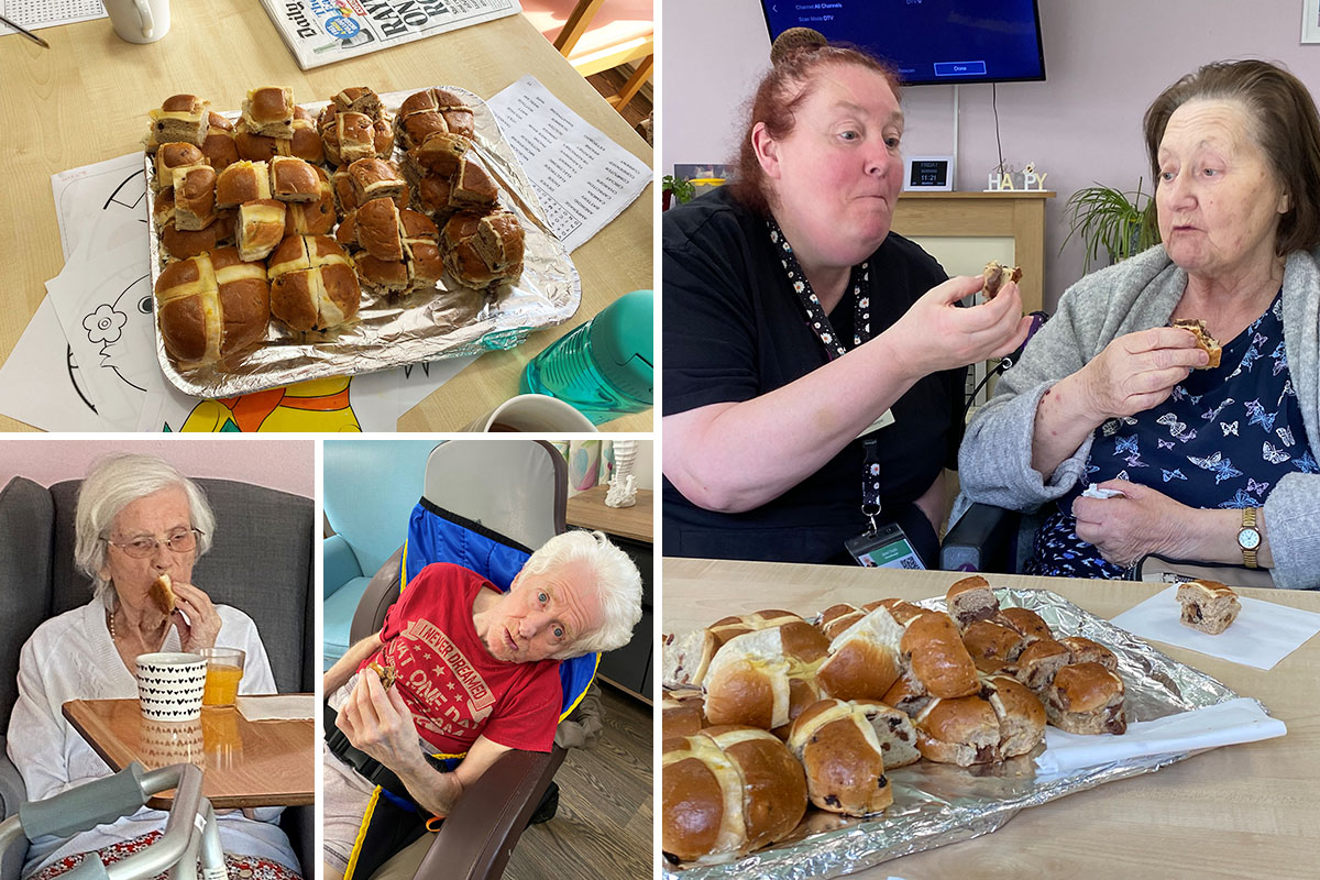 Enjoying Easter hot cross buns at St Winifreds Care Home